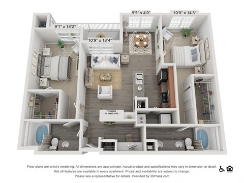 Floor plan for 2 beds, 2 baths, 1204 sqft